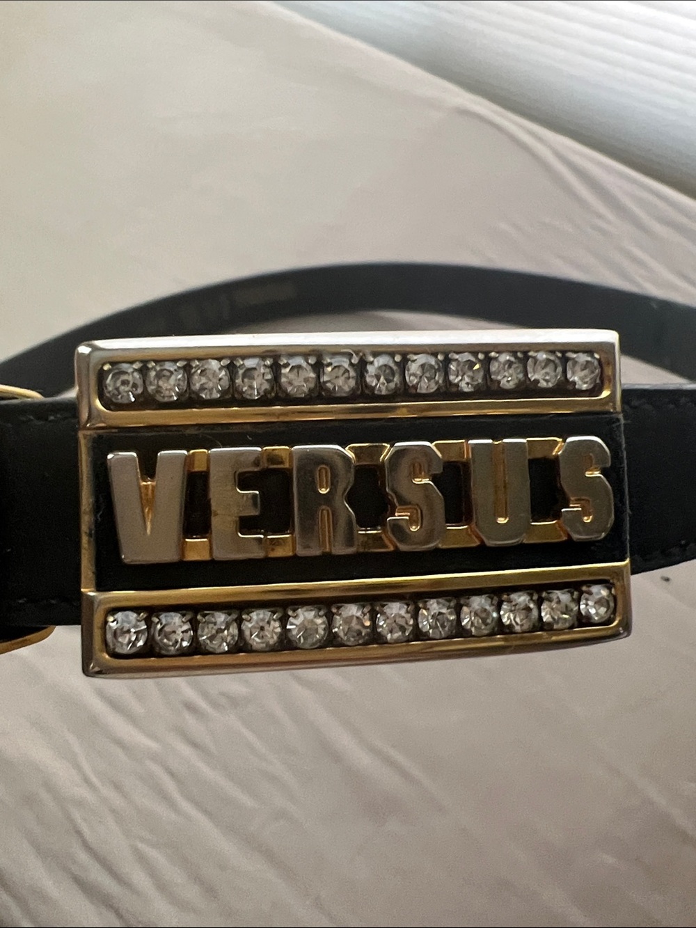 Versus By Versace Black Leather Belt with Gold-Tone Logo Buckle and Crystals - Picture 3 of 13